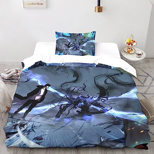 Solo Leveling 3-teiliges Bettwäscheset Aus Mikrofaser Mit Manga und Anime 3D-Print Für Ein Modernes Und Stilvolles Schlafzimmer Versteckter Reißverschluss Und Pillowcases Inklusive Single（135x200cm）