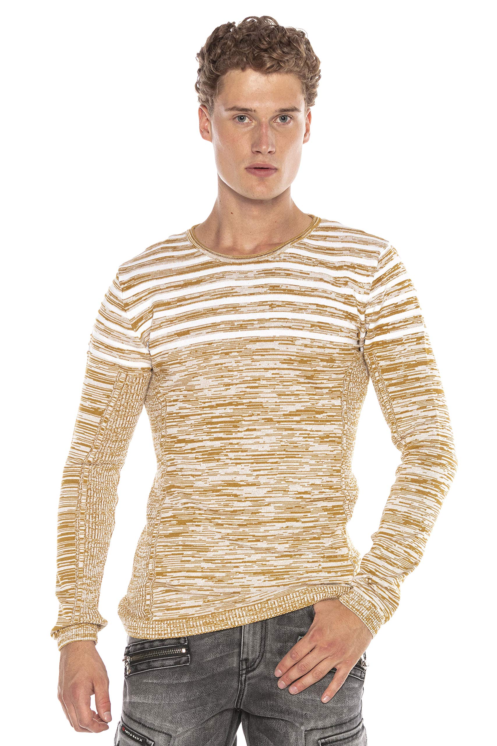 Cipo & Baxx Herren Strickpullover Longsleeve Sweatshirt Pulli Rundhalsausschnitt Meliert Camel XL