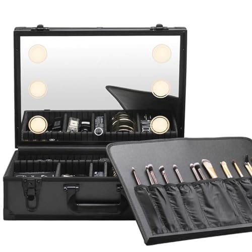 Gvqng Make-up-Zug-Etui mit Spiegel Und LED-Licht, Tragbare Festplatte Reise-Make-up-Etui, Kosmetik-Organizer mit verstellbaren Trennwänden, Geschenke zum Valentinstag,Schwarz