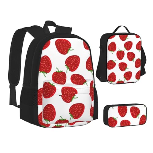 WURTON Lunchbox-Set mit Erdbeerdruck, 3-in-1-Büchertasche und Federmäppchen, passende Kombination, Schwarz, Einheitsgröße