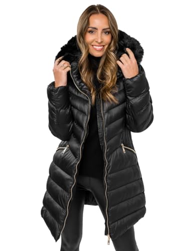 BOLF Damen Winterjacke Parka Gefüttert mit Kunstfell Kapuze Wintermantel Lange Steppjacke Daunenjacke Puffermantel Sportjacke Warm Gefüttert Freizeit Outdoor Casual Style 5M3162 Schwarz L [D4D]