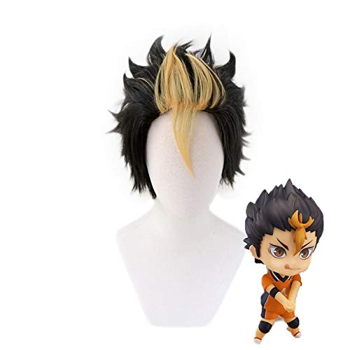 LINLINCD-Anime Haikyuu !! Nishinoya Yuu Kurze schwarze und blonde hitzebeständige Faserhaar-Cosplay-Kostümperücken + kostenlose Perückenkappe