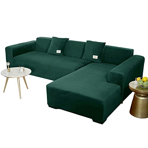 JHLD Sofabezug L Form, Stretch Sofabezug Samt L-förmiger Sofabezug Weiche Anti-rutsch Sofa Überwürfe Für Ecksofa-Dunkelgrün-2 Sitzer+3 Sitzer