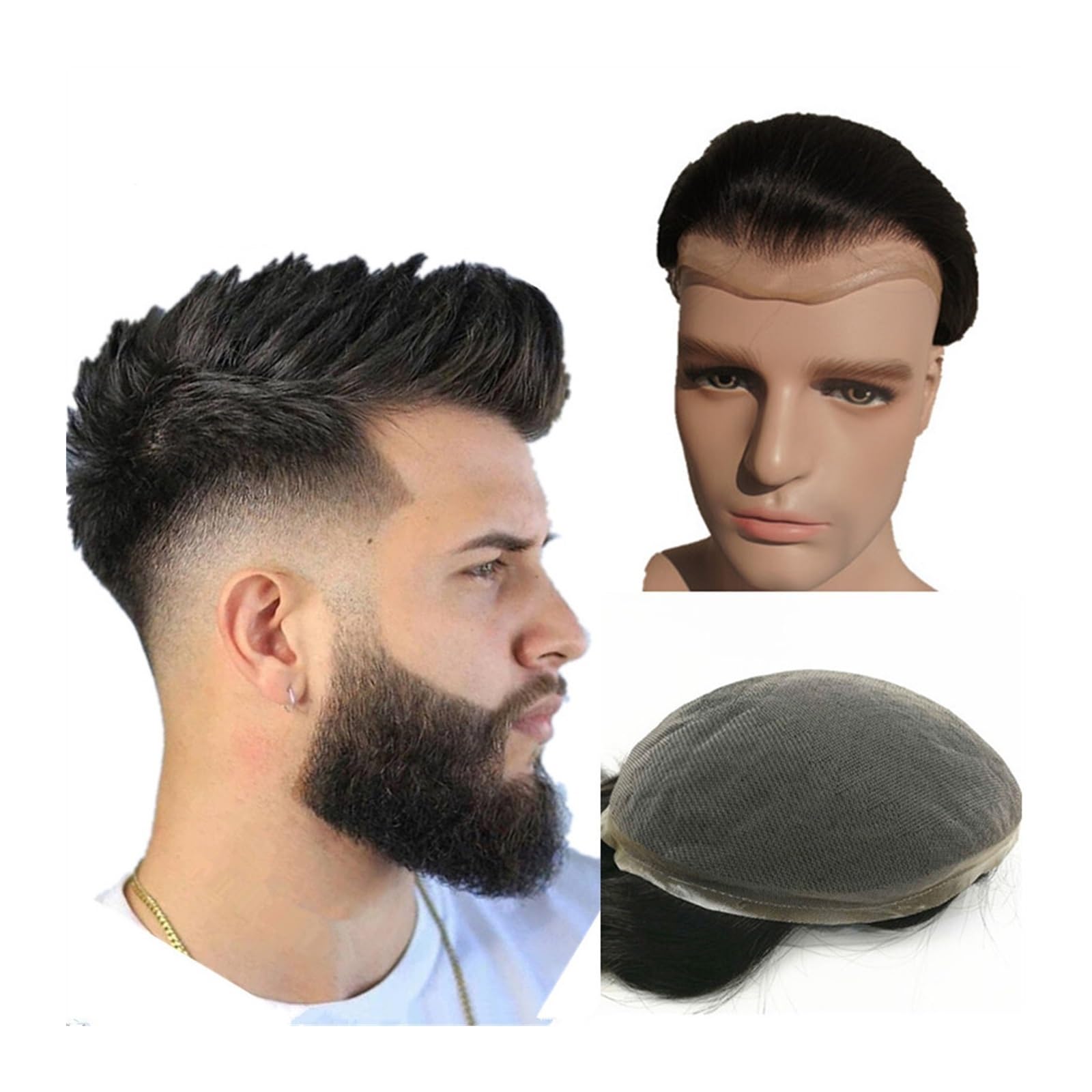 Toupet für Männer Haarersatz Systeme Haarteile Toupet for Männer Echthaarprothese Herren Schweizer Spitze Haarersatzsystem Haareinheiten Basis 10 * 8 Perücke Männer(1B Off Black)