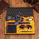 NEWNAN 6 Stück/Set Herren-Geschenkset, großes Zifferblatt, Quarzuhr, Brille, Ledergürtel, Geldbörse, Schlüsselanhänger, Stift, Boutique-Geschenkset, Box für Herren (Farbe: Blau)