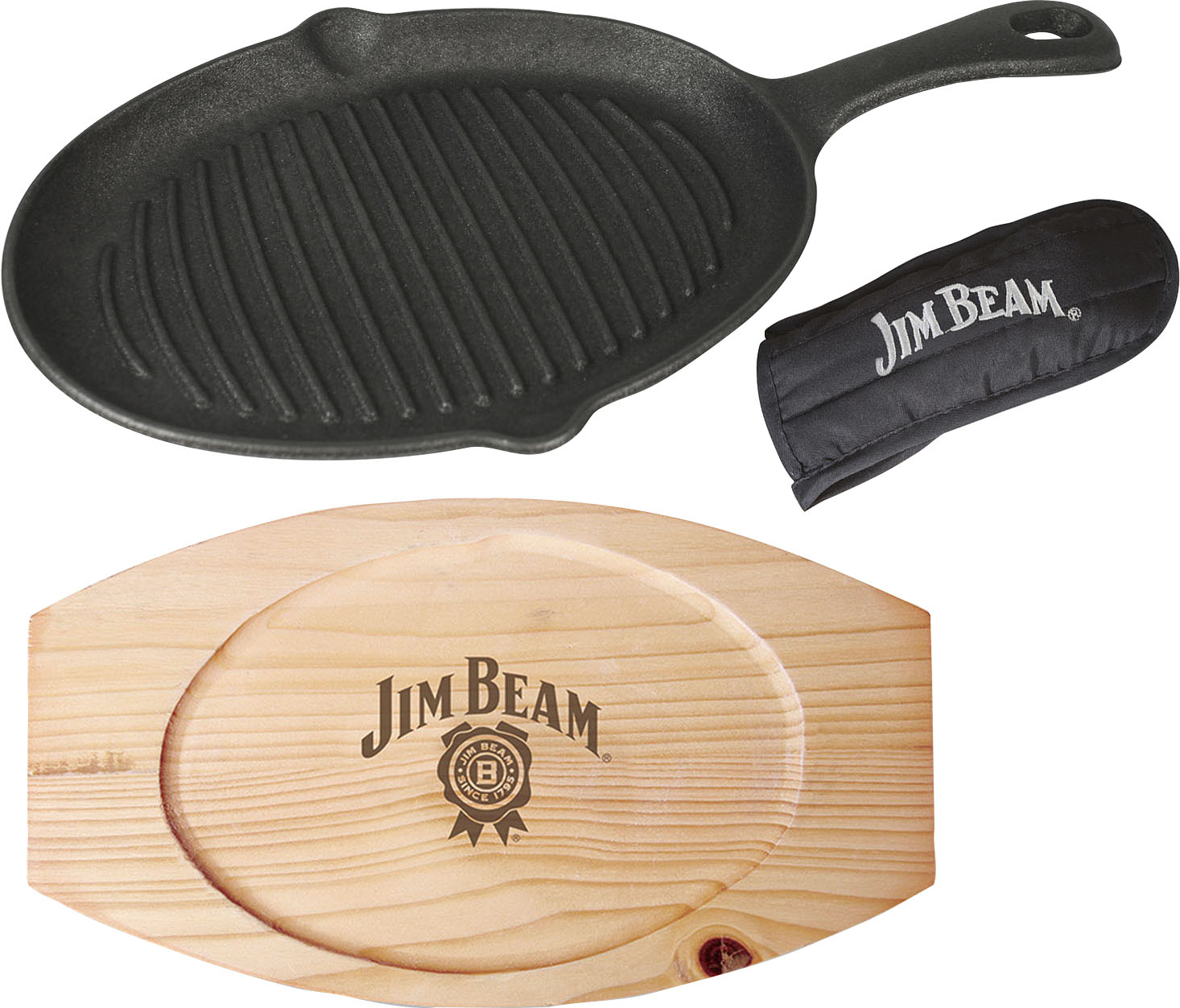 Jim Beam BBQ Grillpfanne, Gusseisen, (Set, 3 tlg.), inkl. Holzuntersetzer und Griffüberzug