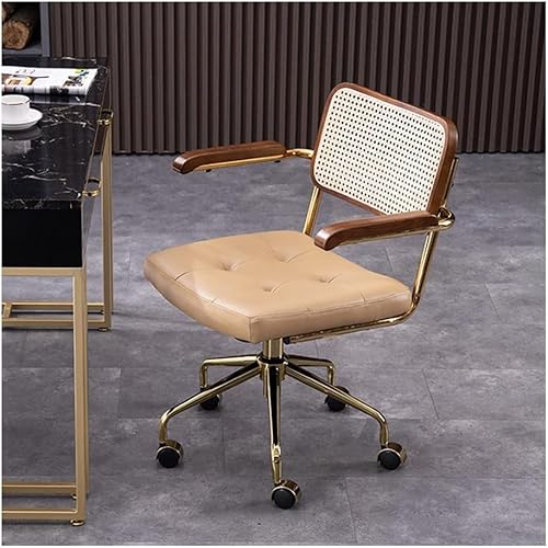 Moderner Home-Office-Stuhl aus Rindsleder, Rattan-Rückenlehne, Holzarmlehne, Verstellbarer Hebe-Schreibtischstuhl, gepolsterter Computerstuhl, Khaki, 32,7-35 Zoll