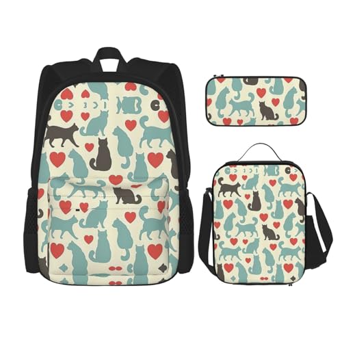 WURTON Happy Walking Kitty Print Verstellbare Schultergurte Rucksack Set Mittagessen Tasche Federmäppchen Kombination Taschen Set