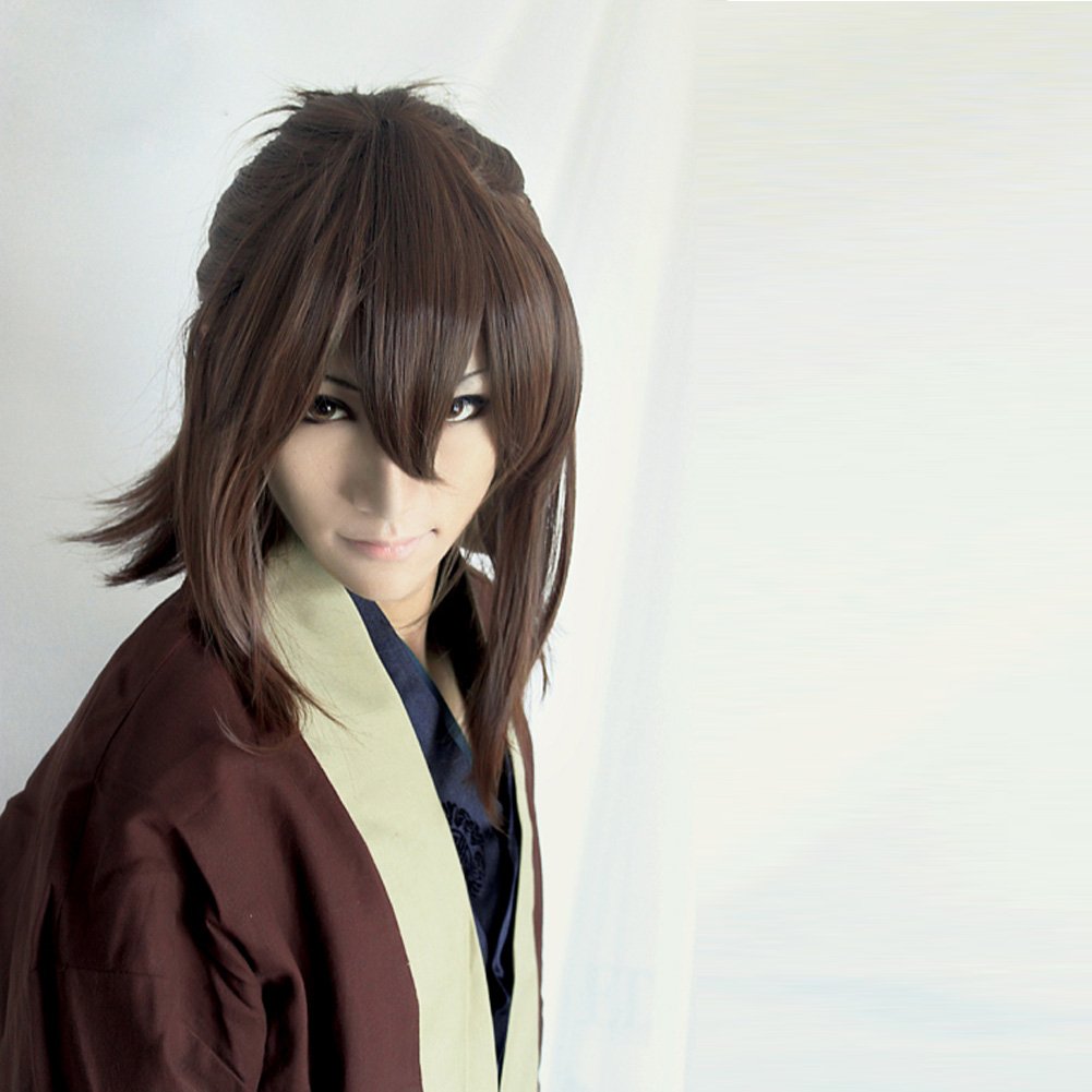 LINLINCD-Wig Anime Cosplay Perücke for Karneval Nachtleben CluI Party Dress Up Perücke Hakuouki/Okita Soji Sandy Kimono Abnehmbare Anime Perücke(Braun)