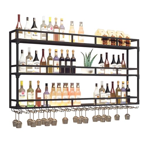 Hängende industrielle runde Weinregale, An der Wand montiertes Weinregal mit LED-Licht, modernes Weinflaschenregal aus Eisen mit Glashalter, for die Dekoration von Bars in Heimrestaurants(Black,100x25