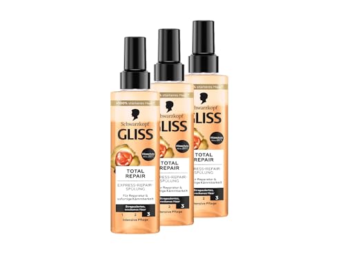 Gliss Express-Repair-Spülung Total Repair (3x 200 ml), Haarspülung sorgt für sofortige Kämmbarkeit und Schutz vor Haarbruch, Pflegespülung mit Hitzeschutz bis zu 230 °C