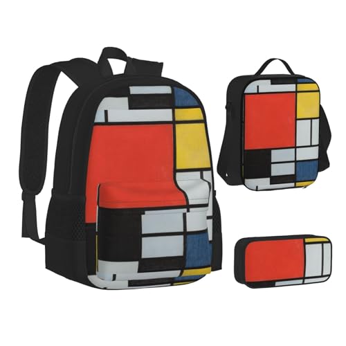 WURTON Composition in Rot, Gelb, Blau und Schwarz bedruckt, Teenager-Büchertasche, Federmäppchen, 3-in-1, Schulrucksack-Set, Kinderrucksack-Set