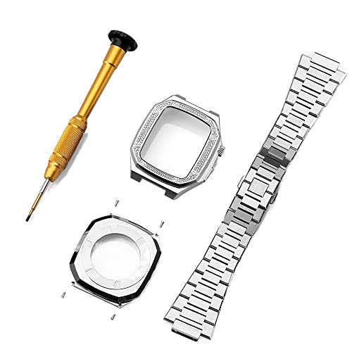 KANUZ Luxus-Modifikationsset für Apple Watch Band Serie 8, 7, 45 mm, 6, 5, 4, SE, 44 mm, Mod-Set, Metall, Stahl, für iWatch-Lünette, Gehäuse (Farbe: Silber, Größe: 45 mm für 8/7)