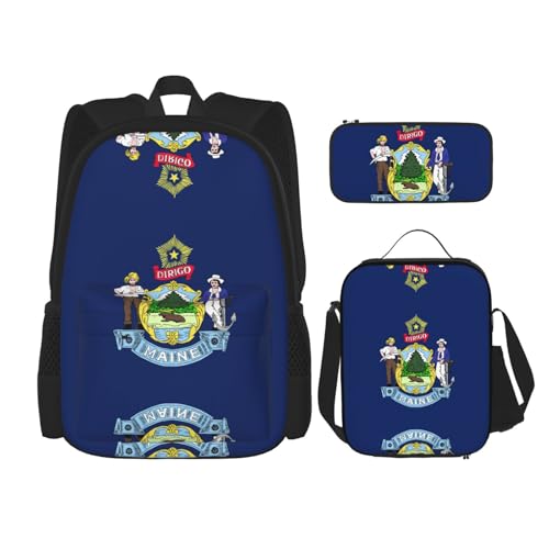 WURTON Lunchbox mit Maine State Flagge, Federmäppchen, Rucksack-Set, 3-teilig, verstellbare Riemen, langlebig, leicht, Schwarz, One Size