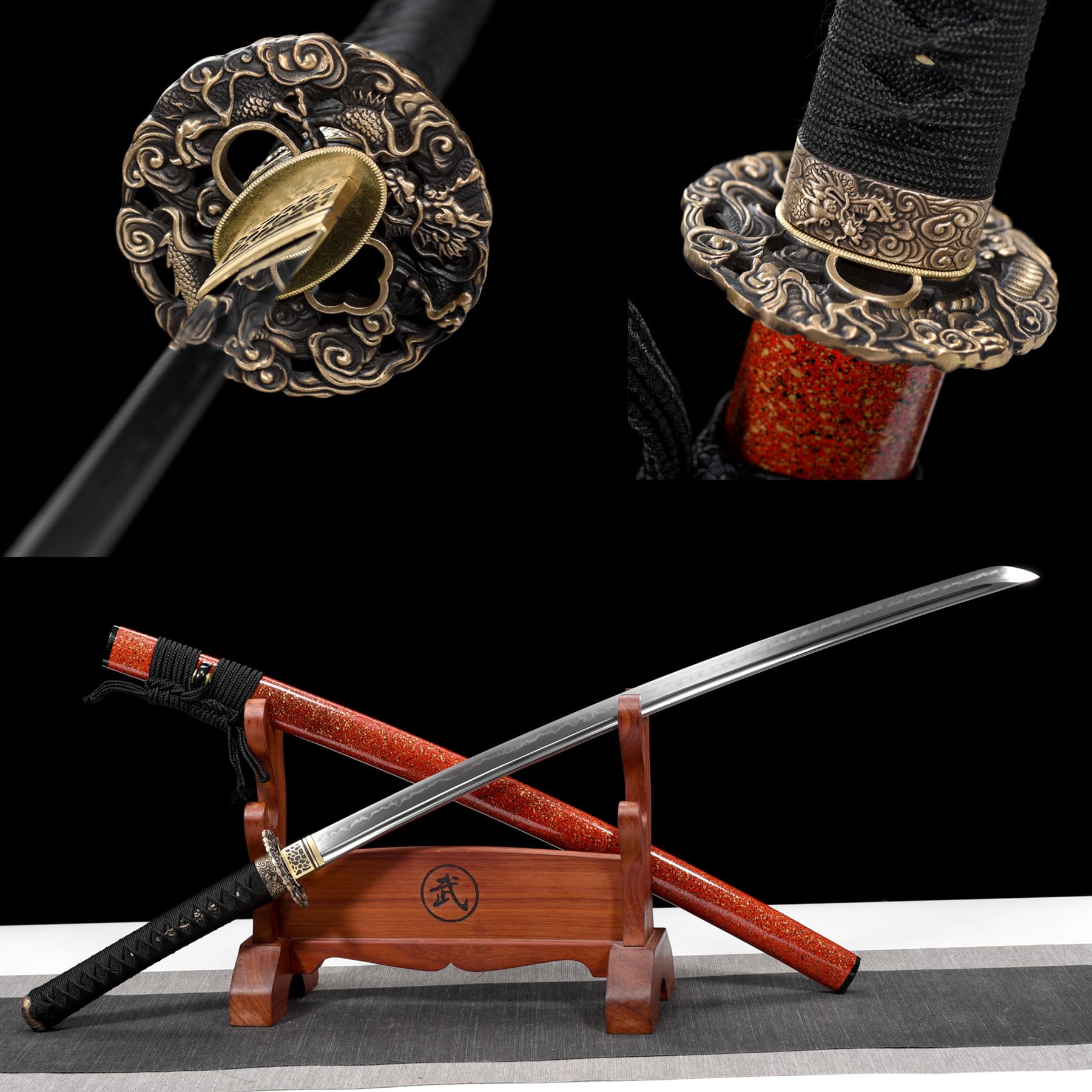 LQSMX sword 103cm Samuraischwert/Sharp/Katana/Hand geschmiedeter T10 Stahl bedeckt mit Erde brennende Klinge ，Sammlungen, Geschenke, Halloween, Rollenspiele, Kampfsportübungen