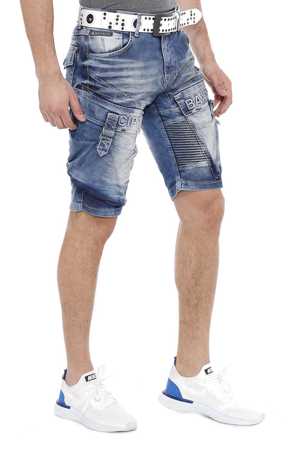 Cipo & Baxx Herren Jeans Shorts Denim Rippenmuster Freizeit Bermuda Kurze Hose Stonewashed Capri CK189 Blau 42