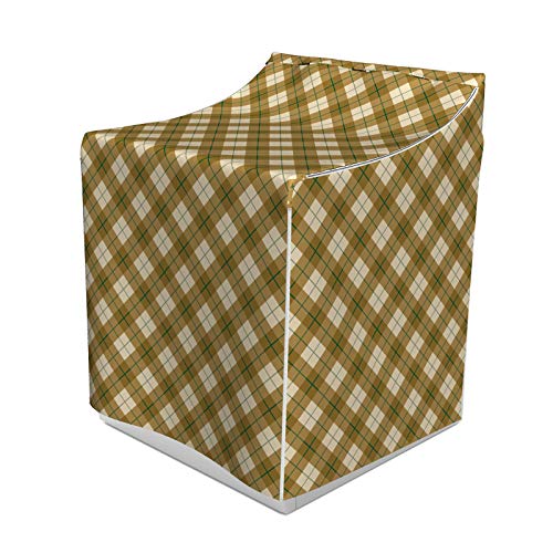 ABAKUHAUS Plaid Waschmaschienen und Trockner, Diagonal Plaid-Muster in Braun mit einem grünen Streifen-Detail Retro-Stil, Bezug Dekorativ aus Stoff, 70x75x100 cm, Pale Braun Grün Beige