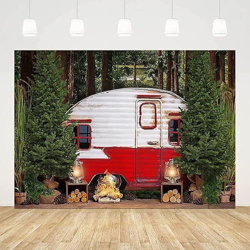 Frühling Wohnwagen Kulisse für Fotografie Dschungel Waldfeuer Holz Kinder Geburtstagsfeier Hintergrund Fotostudio Photobooth 210X150cm