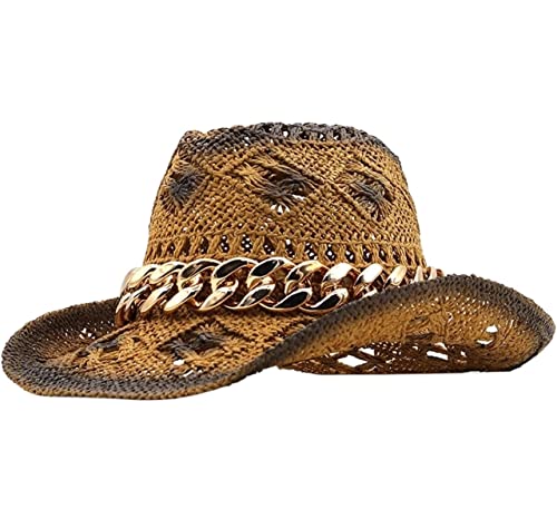 YIHANSS Sonnenhut Strandhut Herren Damen Western Cowboyhut Sommer Breite Krempe Hohl Sombrero Papyrus Sonnenhut Strohhut Hüte