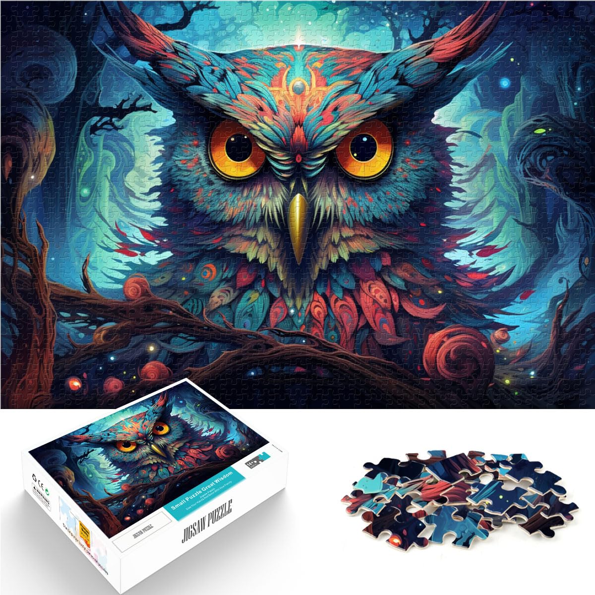 Puzzle Futuristisches, farbenfrohes, psychedelisches Eulen-Puzzle 1000 Teile für Erwachsene, Holzpuzzle zum Stressabbau, schwierige Herausforderung, 1000 Teile (50 x 75 cm)