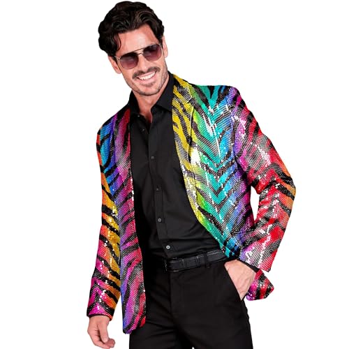 Widmann - Party Fashion Jackett mit Pailletten für Herren, Regenbogen, Tigermuster, Disco Fever, Schlagermove