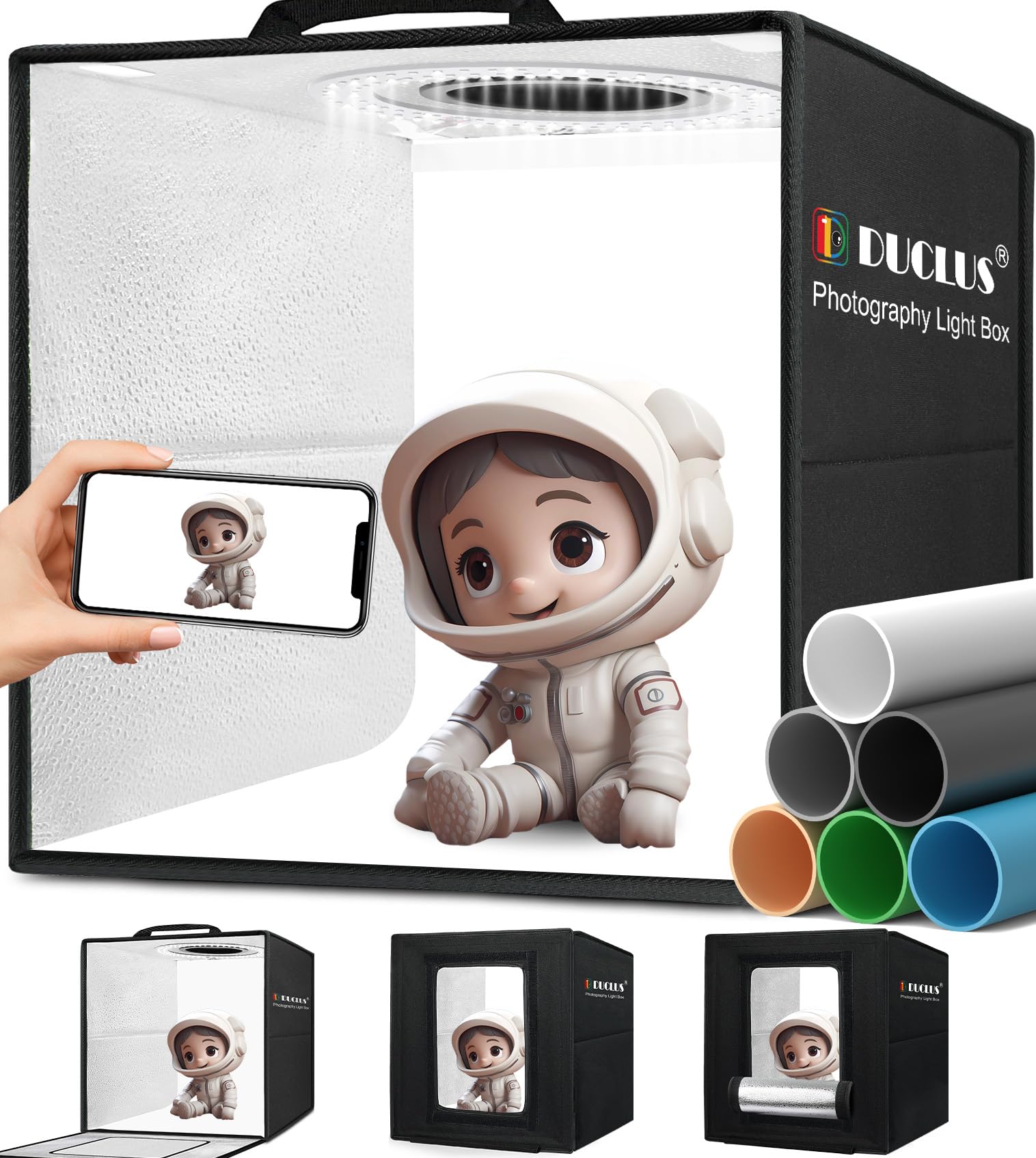 DUCLUS Fotobox, 25x25 cm Fotostudio Set für Produktfotografie, Faltbare Mini Lichtbox mit 96 LEDs, 6 wasserdichte PVC Hintergründe für kleine Gegenstände