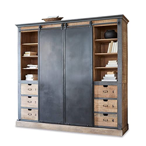 Loberon Schrank Vulmont, praktische Schiebetüren, sechs Schubladen mit Ziffern-Aufdruck, Fabrik-Chic, Industrial-Style, Aufbewahrung, Mangoholz, Eisen, braun/schwarz