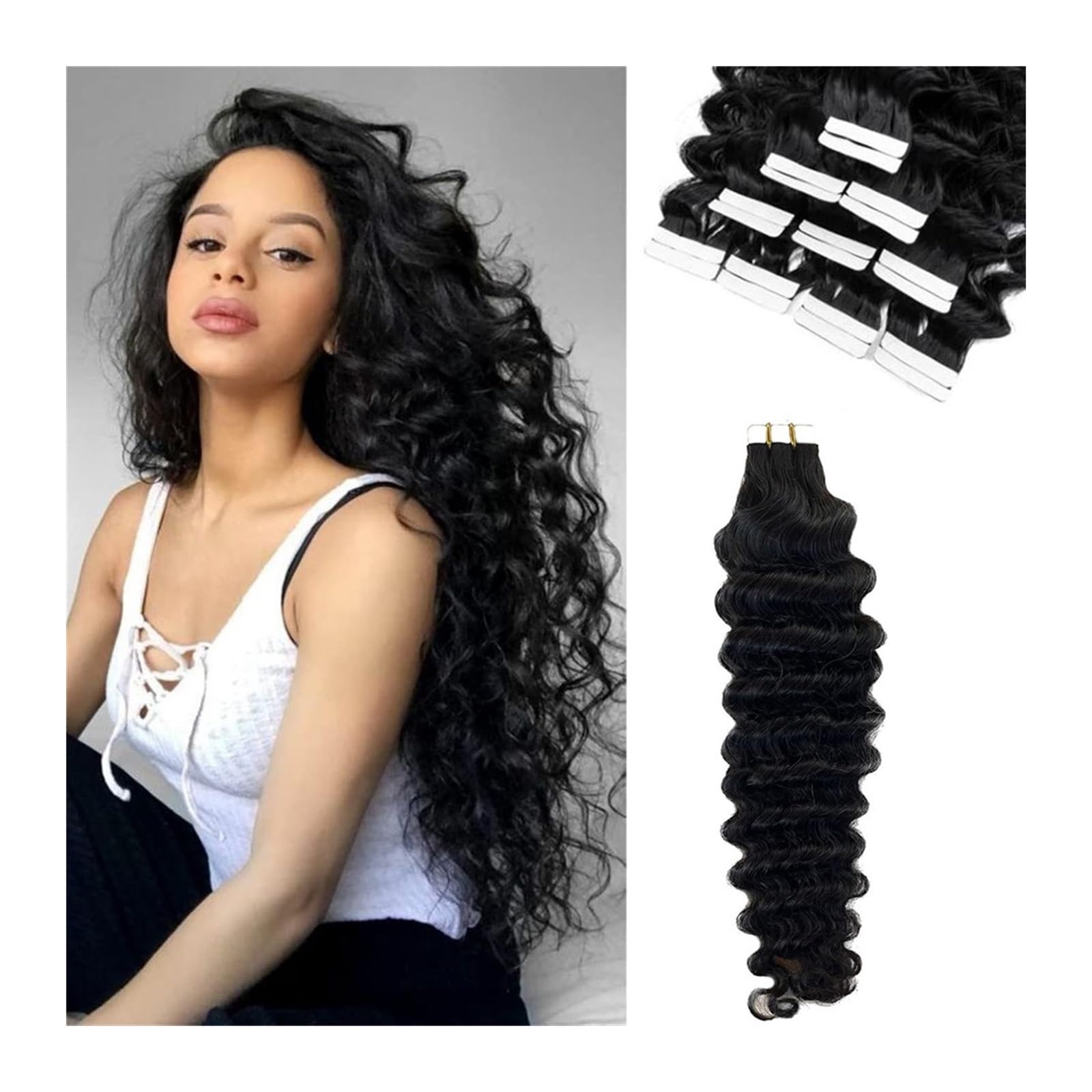 Tape in Haarverlängerungen Deep Wave Tape in Haarverlängerungen Echthaar Jerry Curly Natural Black Unsichtbares doppelseitiges Tape Ins Skin Weft Echthaarverlängerungen #1B Tape in Extensions(60 pcs-1