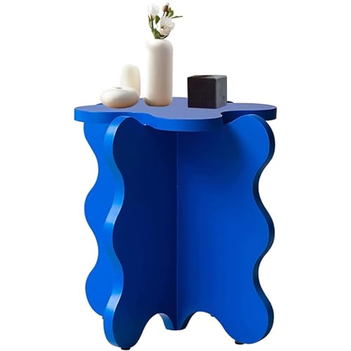 WuJin Mini Blütenblatt Couchtisch, Cartoon Massivholz Beistelltisch Wellenförmiger Nachttisch mit X-förmigen Beinen, Kleiner Farbiger Akzenttisch for Wohnzimmer Schlafzimmer(D Blue)