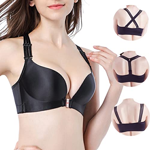 ZESLIV Damen BH Vorderverschluss ohne Bügel 80A Schwarz Push Up BH mit 3 Sätze Schultergurte große größen Frauen Wohlfühl Bustier Strass Bra