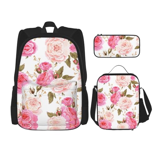 WURTON Lunchbox mit Rosen-Blumendruck, Federmäppchen, Rucksack-Set, 3-teilig, verstellbare Riemen, langlebig, leicht, Schwarz, One Size