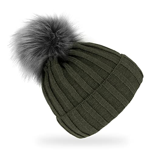 fiebig Strickmütze mit Kunstfell Bommel | Mütze aus Wolle mit Fleece-Futter | Beanie Made in Europe (Olivgrün)