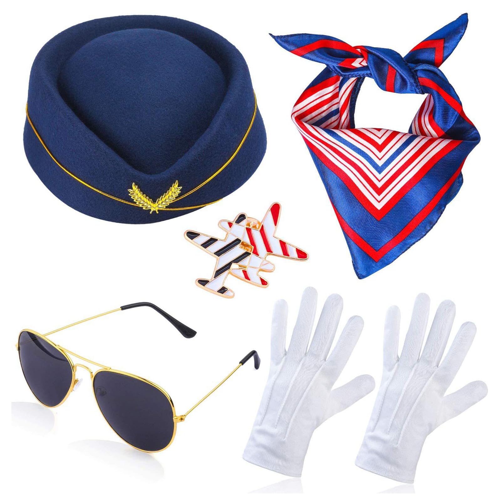 Mehrfarbige Stewardess-Hut + Sonnenbrille + Taschentücher/Handschuhe/Brosche für Erwachsene, Damen, Halloween, Karneval, Rollenspiel, Kostüm, Flugbegleiter, Hut und Schal, Flugbegleiter-Outfit,