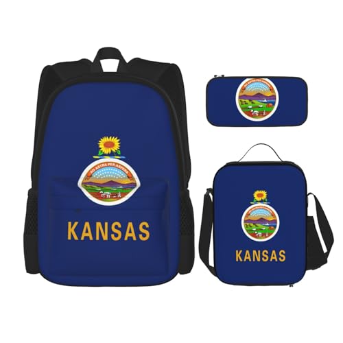 WURTON Kansas Schulterrucksack, 3-in-1-Büchertaschen-Set, Lunchbox, Federmäppchen, Reise-Laptop-Tagesrucksäcke, Schwarz, Einheitsgröße, Schwarz , Einheitsgröße