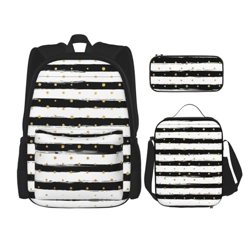 WURTON 3-in-1 Büchertaschen-Set mit Tinten- und Gold-Punkt-Streifen-Druck, für Mädchen, Jungen, Schultaschen, Teenager, Lunchbox und Federmäppchen, 3-in-1