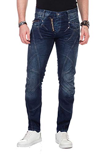 Cipo & Baxx Herren Denim Jeans Hose mit schräg verlaufendem Reißverschluss Vintage Look Pants Straight Leg Regular Fit, Grösse:W38/L36, Farbe:Dunkelblau (C-0768)