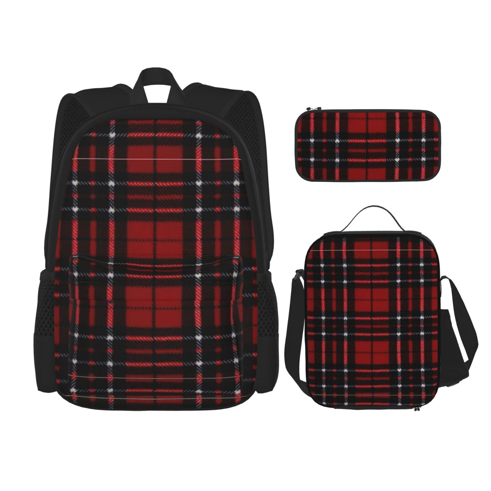 WURTON Roter und schwarzer karierter Druck, trendige Rucksacktaschen, Lunchbox und Federmäppchen, 3-in-1, verstellbarer Rucksack-Set, Schwarz , Einheitsgröße