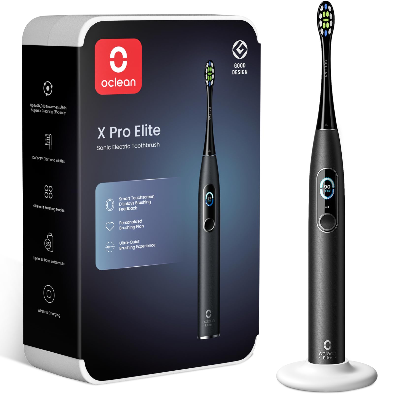 Oclean Schallzahnbürste X Series Pro Elite mit 8 Bereichsverfolgung, Elektrische Zahnbürste mit 4 Putzmodi, Sonic Electric Toothbrush mit Leiser Motor, 35 Tage Akkulaufzeit & Kabelloses Laden, Schwarz