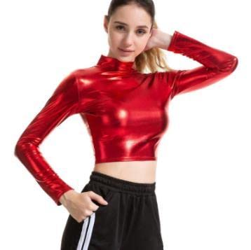 Frauen Fshion Sexy Skinny Herbst Frühling Club Langarm Rollkragenoberteil Glänzendes PU Langarm Crop Top Zentai Bodysuit Kostüm