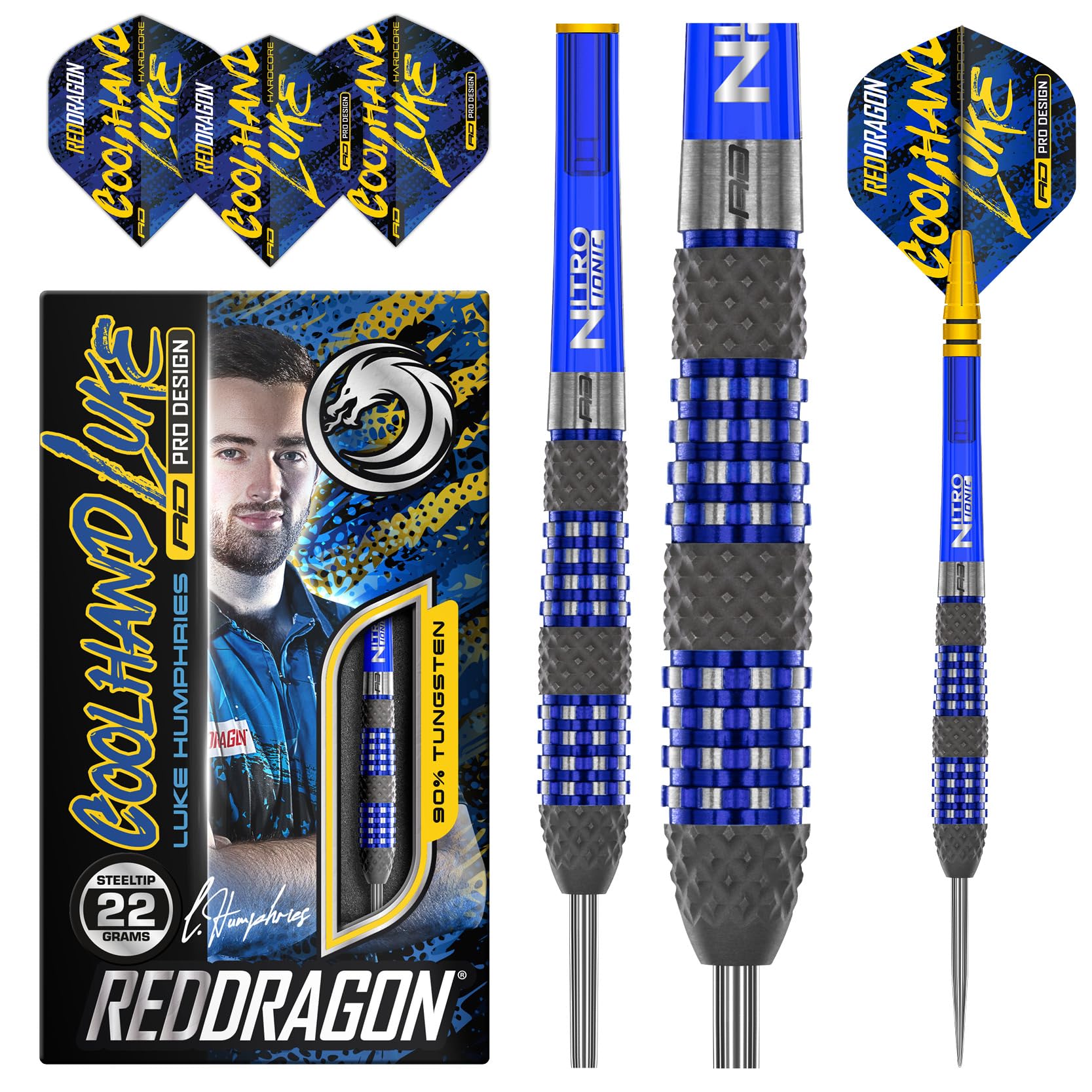 RED DRAGON Luke Humphries TX2 Atomised 22 Gramm Premium Wolfram Steeltip Dart Set mit Flüge und Schäften