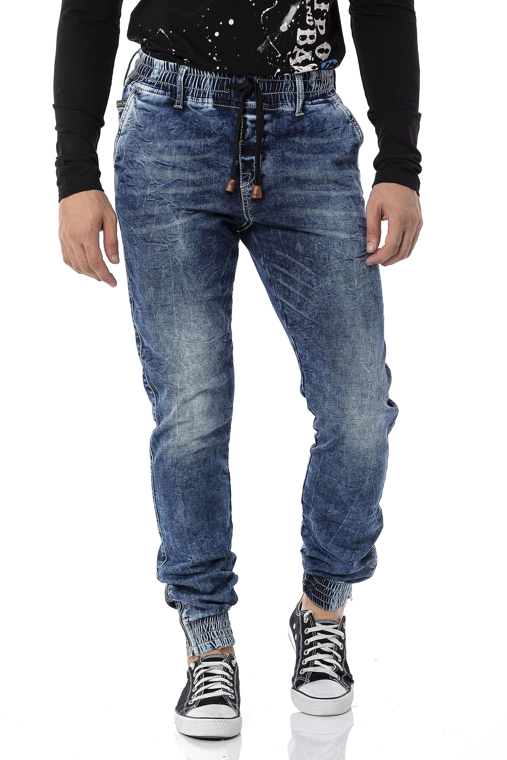 Cipo & Baxx Herren Jeanshose Jogger Gummi Freizeithose Pants Hose CD807 Blau W34 L32