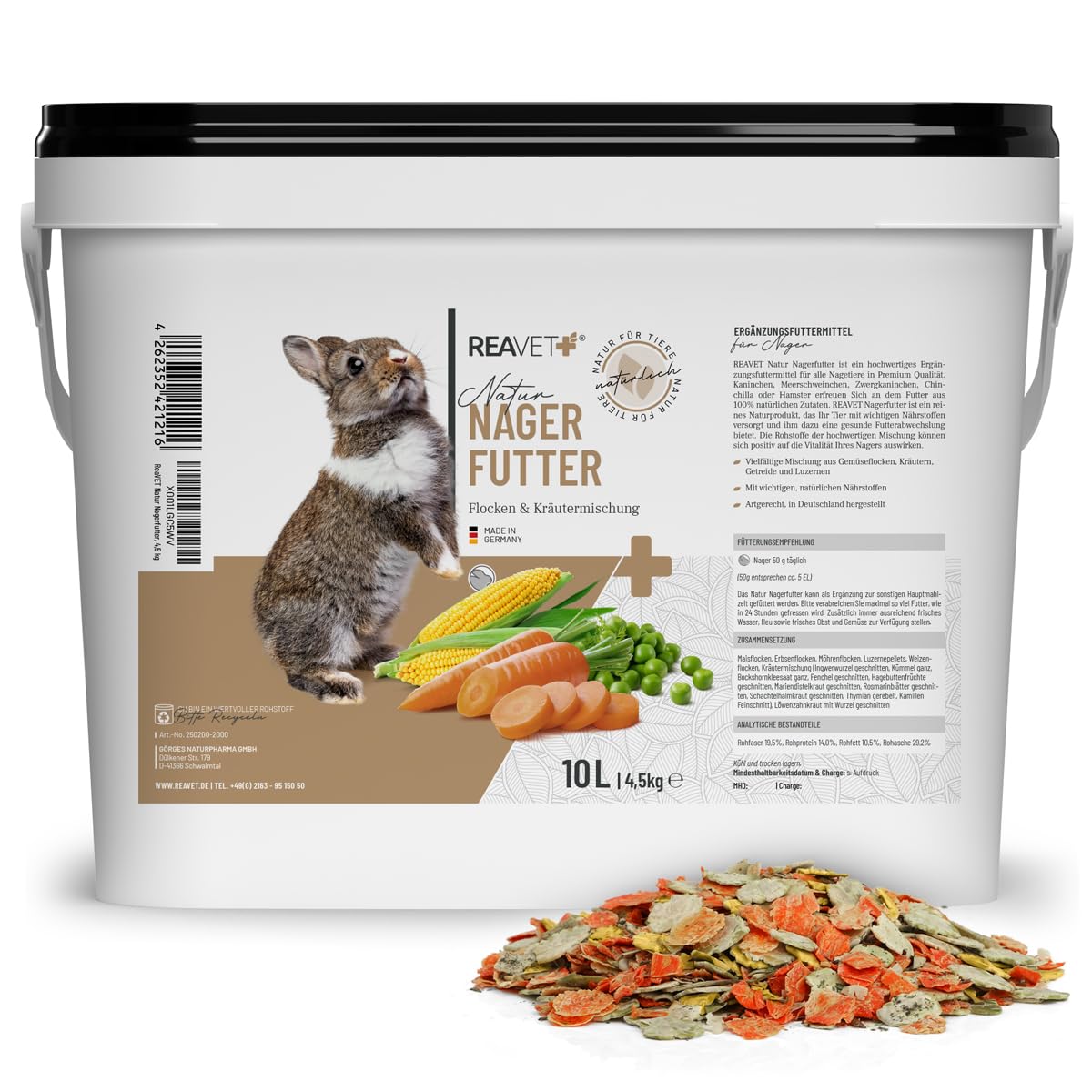 ReaVET Natur Nagerfutter 10 Liter - Kaninchenfutter, Meerschweinchen Futter, Hamster, Nager - Artgerecht mit Gemüseflocken, Kräutern, Getreide, und Luzerne, Ohne künstliche Zusätze