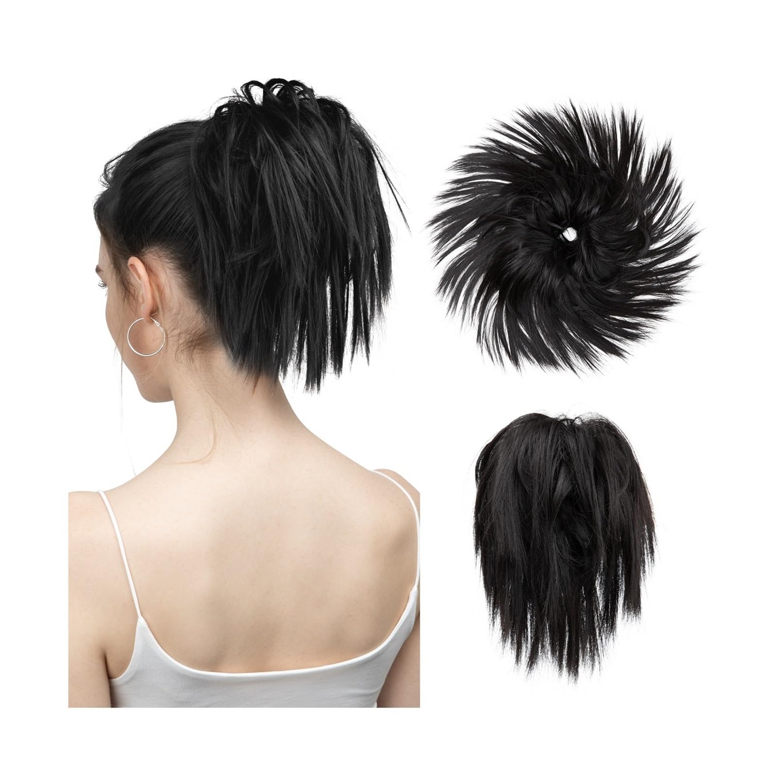 Haarteile Haarknoten Synthetisches Kunsthaar, unordentlicher Dutt, Chignon, elastisches, flexibles Band, Haargummi, lockiges Haarteil, synthetische Verlängerung Brötchen Haare(Off black)