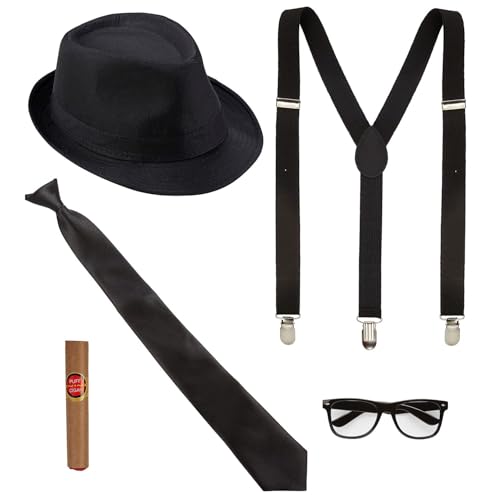 Widmann 68558 - Kostüm-Set König des Blues, 5-teilig, Hut, Hosenträger, Krawatte, Brille und Zigarre, Charleston, Gangster, Mafia-Boss, Brothers, Accessoires, Karneval, Verkleidung, Mottoparty