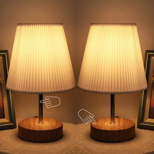 HSLighting Nachttischlampe 2er Set Tischlampe Touch Dimmbar Steuerung Moderne LED Tischleuchte Retro mit Glühbirne Stoffschirm für Lesen Wohnzimmer Kinderzimmer Schlafzimmer Café Beige