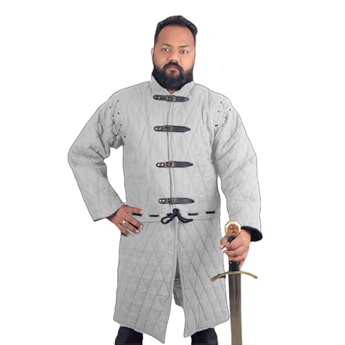 THE MEDIEVALS Dicke gepolsterte volle Ärmel Gambeson Mantel Aketon Jacke Rüstung, Baumwollgewebe, Weiss/opulenter Garten, Medium