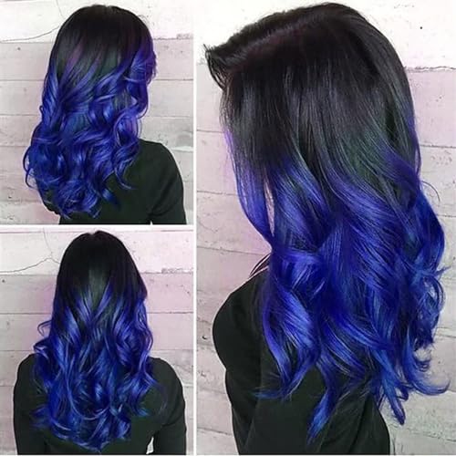 Perücken für Frauen Perücke for Party-Kostüme, Halloween, synthetisch, hitzebeständig, Schwarz bis Lila, Ombre-Damen, langes, gewelltes Haar für die Tägliche Party Cosplay Tragen(Blue)