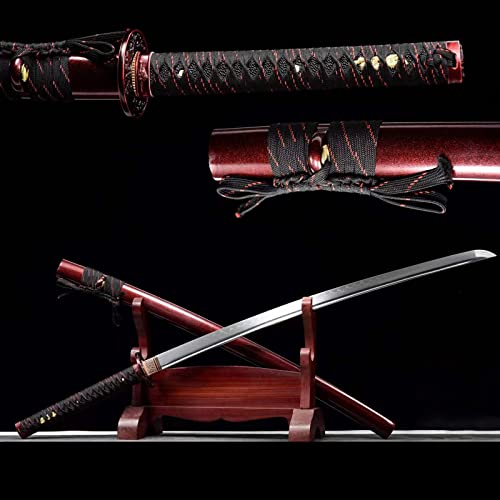 KWXPW 103 cm langes,handgeschmiedetes Katana┃T10-Stahl,lehmgehärtet┃Massivholz-Sprühfarbe-Scheide┃Echtes Samurai-Schwert