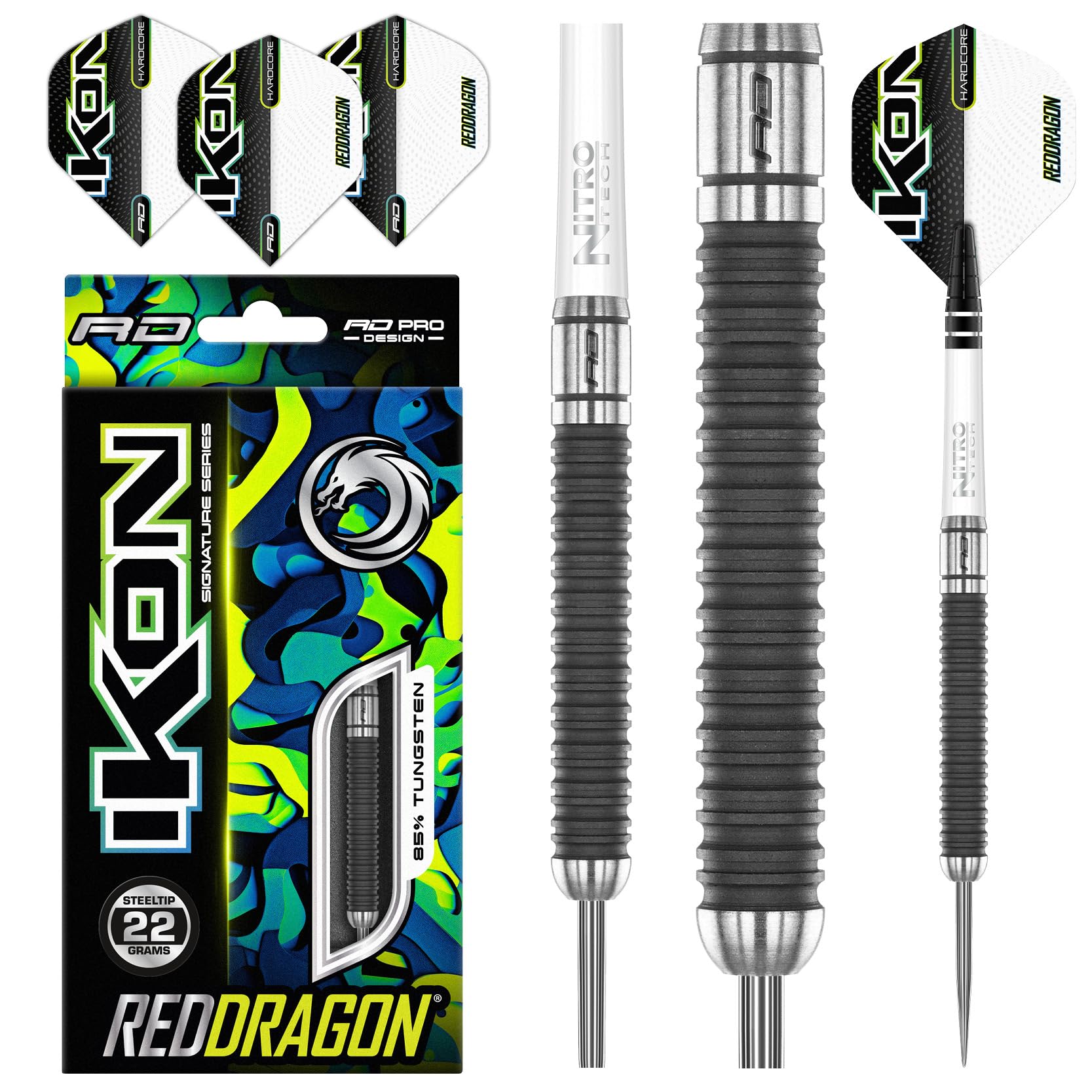 RED DRAGON Ikon 1.4 22 Gramm Professionelles Wolfram Steeltip Dart Set mit Flights und Schäften