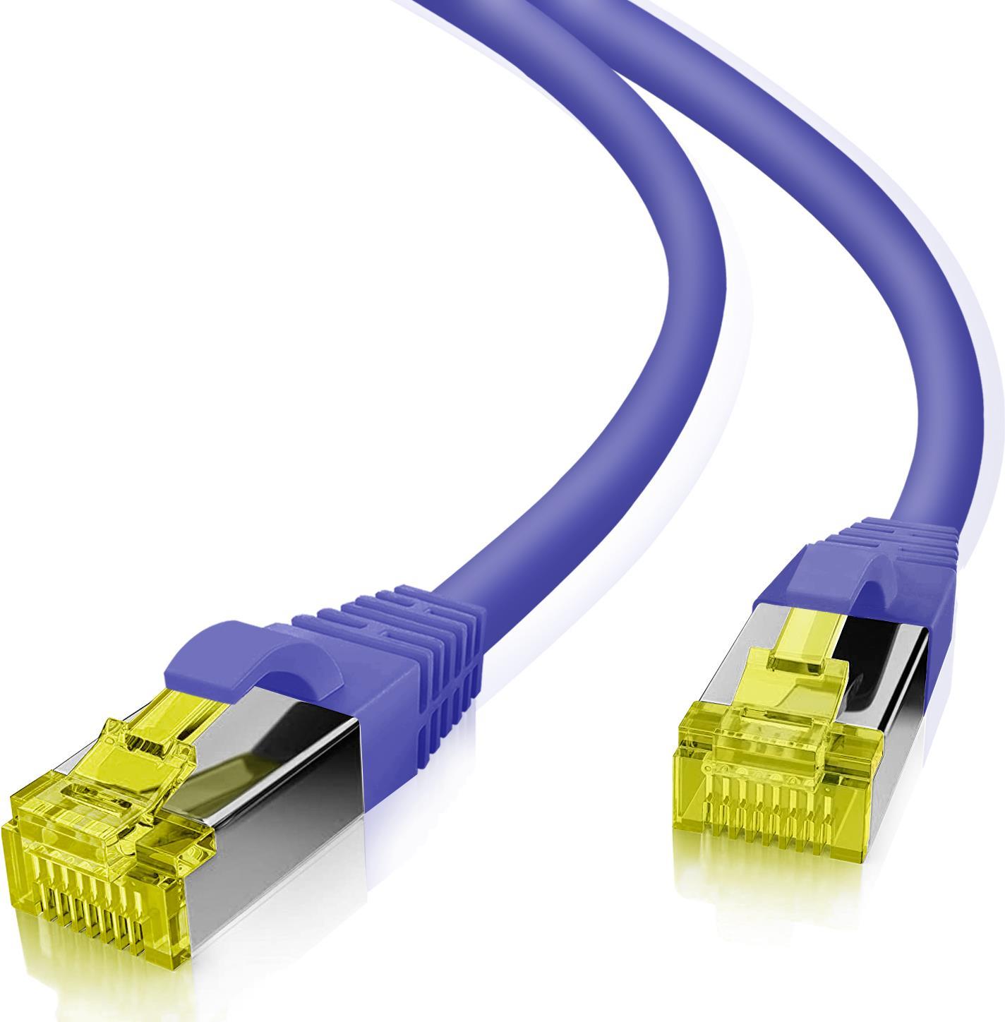 helos Patchkabel S/FTP (PIMF) CAT 6a lila 3,0m - Vollkupfer Patchkabel mit schmalem Knickschutz - inkl. Längenbezeichnung am RJ45 Stecker - PimF geschirmte Cat6a Kabel, halogenfrei - 10GBE geeignet und PoE-fähig (191049)